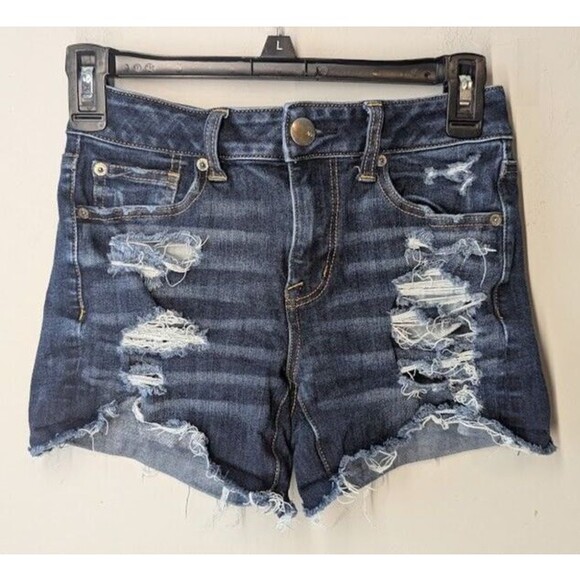 American Eagle 360 Super Stretch Hi-Rise Shortie Women's 0 Blue Distressed - Picture 1 of 4
